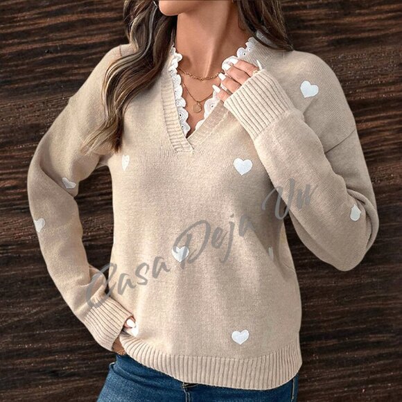 Pretty Preppy Slouchy Lace Notch Collar Long Sleeve Soft Baggy Fuzzy Sweater - Picture 2 of 10